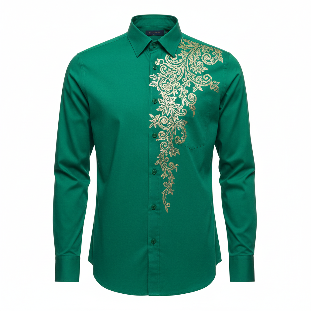 Emerald Green Button-Down Shirt with the Gold Pattern
